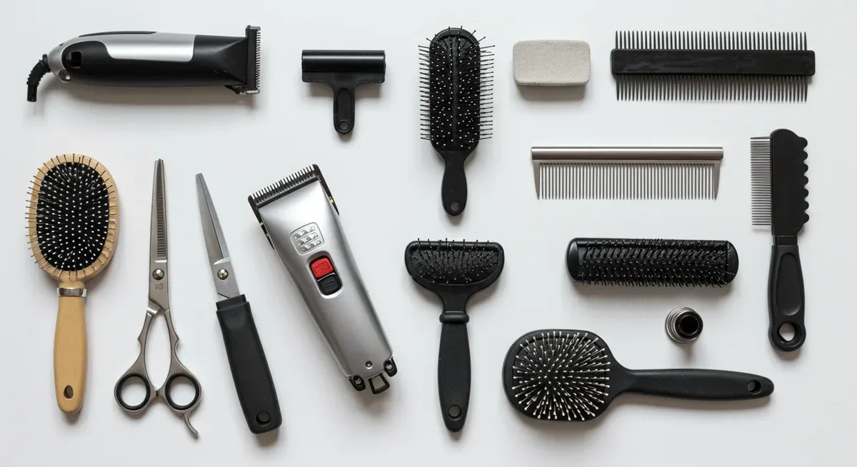 Professional grooming tools for Bichon Frises arranged on a white surface, including clippers, various brushes, scissors, and specialized combs essential for maintaining their unique coat
