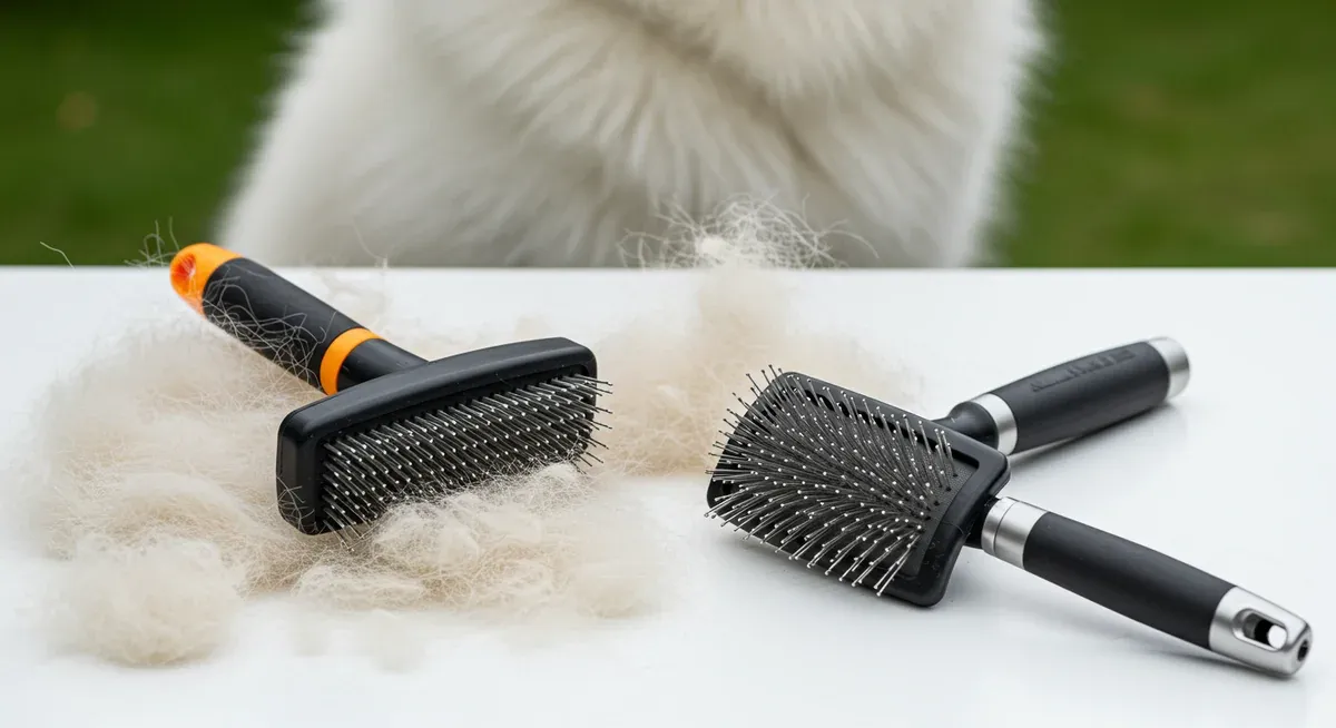 Professional grooming tools including undercoat rake, slicker brush, and deshedding tool with white dog fur around them, showing the specialized equipment needed for Samoyed coat care