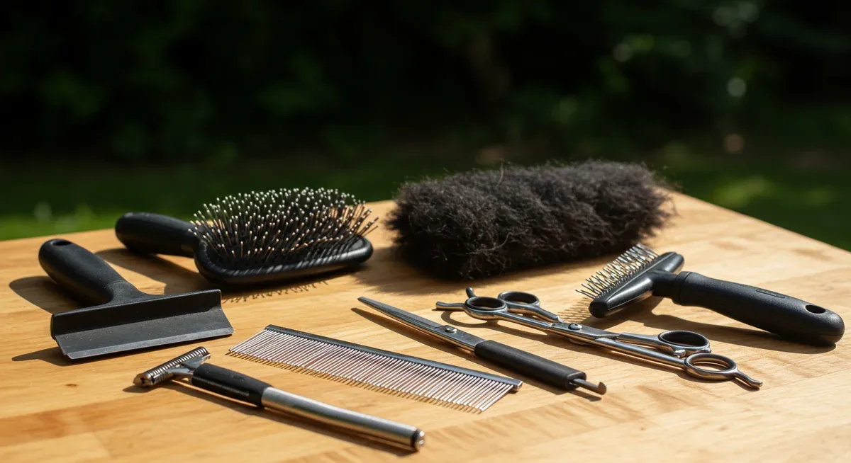 Professional grooming tools laid out including slicker brush, undercoat rake, metal comb, scissors and other essential equipment for grooming Bernese Mountain Dogs