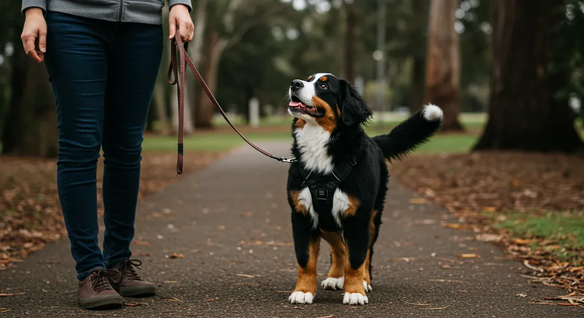 Bernese Mountain Dog puppy demonstrating proper loose-leash walking technique with owner on suburban pathway