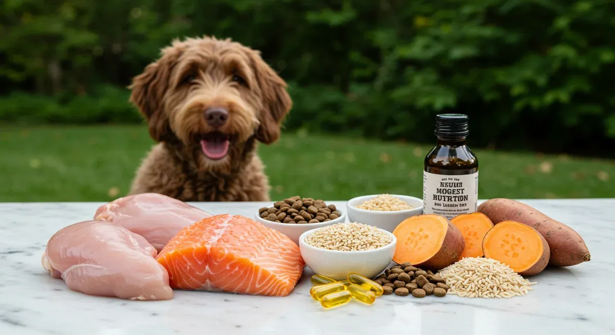 Fresh dog food ingredients including chicken, fish, sweet potatoes and supplements arranged on marble surface, illustrating essential nutrients for Labradoodle health