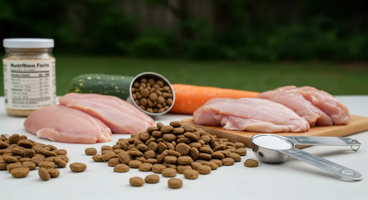 Premium dog food kibble and fresh protein sources arranged to show essential nutritional components for Italian Greyhounds