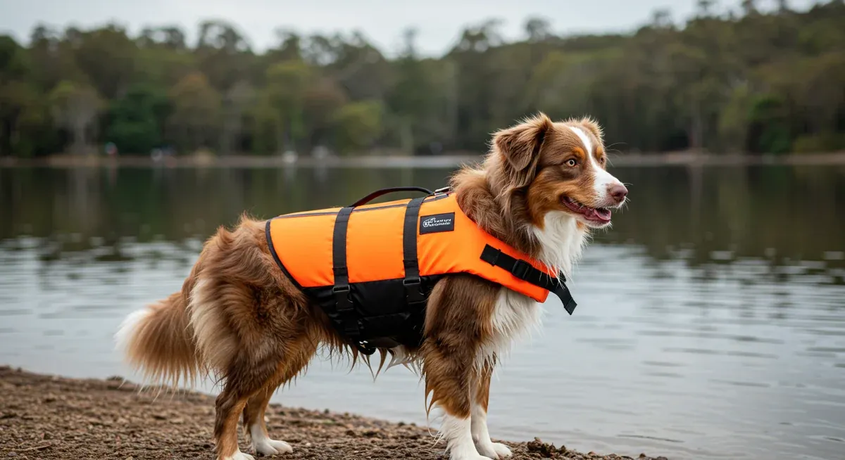 Australian Shepherd wearing a properly fitted bright orange life jacket at a lake's edge, demonstrating essential swimming safety equipment