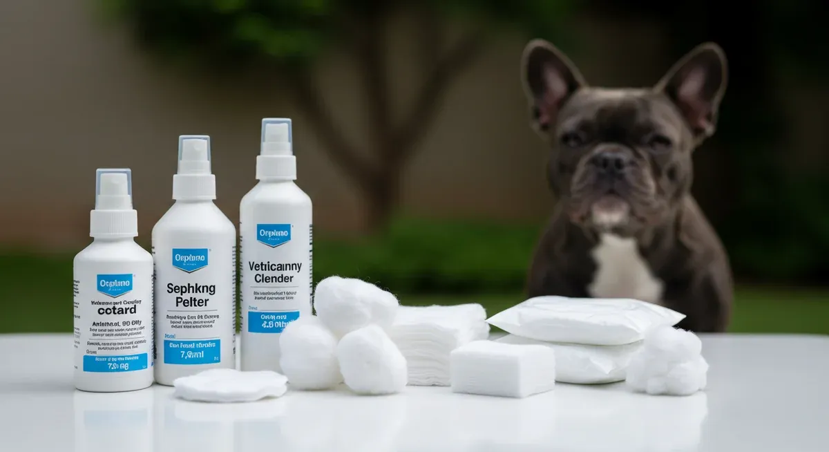 Collection of dog ear cleaning supplies including ear cleaner, cotton balls, and wipes arranged for French Bulldog care