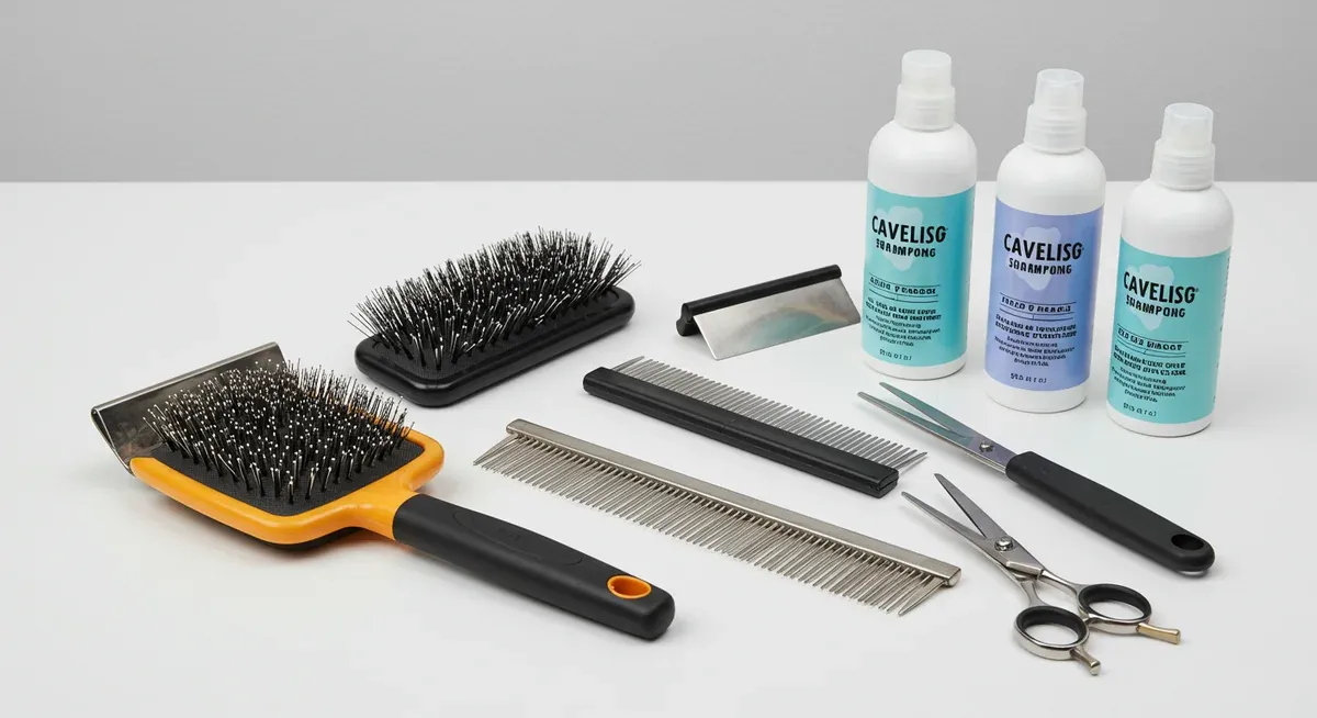 Essential grooming tools for Cavoodles including slicker brush, metal comb, dematting tool, scissors and specialized shampoo arranged on a clean surface