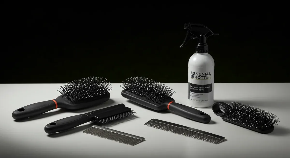 Professional grooming tools specifically recommended for Briard coat care, including pin brush, slicker brush, metal comb, and detangling spray