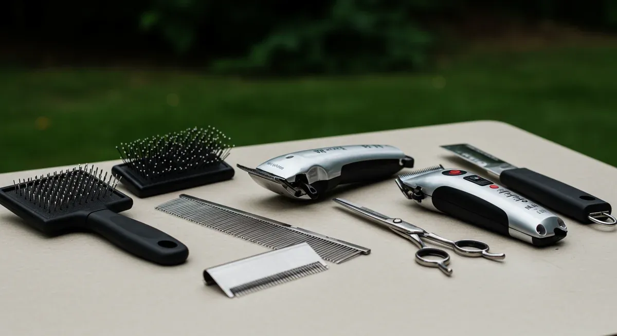 Professional grooming tools laid out including brushes, combs, clippers, and scissors specifically needed for English Cocker Spaniel coat care