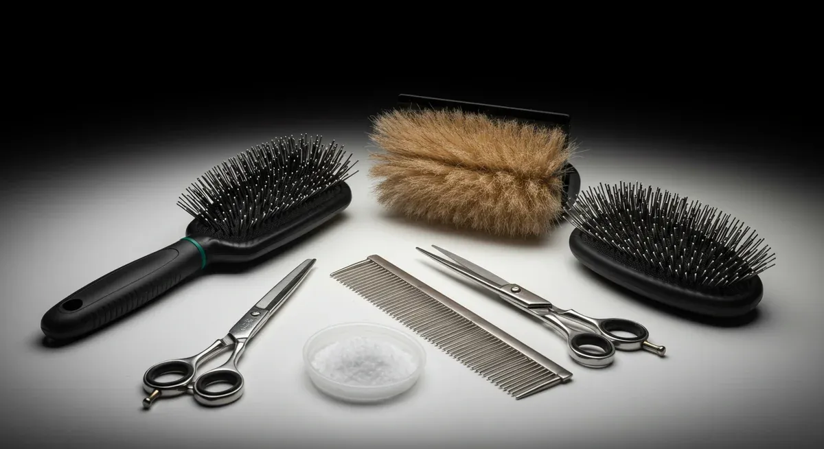 Professional grooming tools specifically designed for Shetland Sheepdogs including slicker brush, comb, scissors and pin brush arranged to show their specialized features