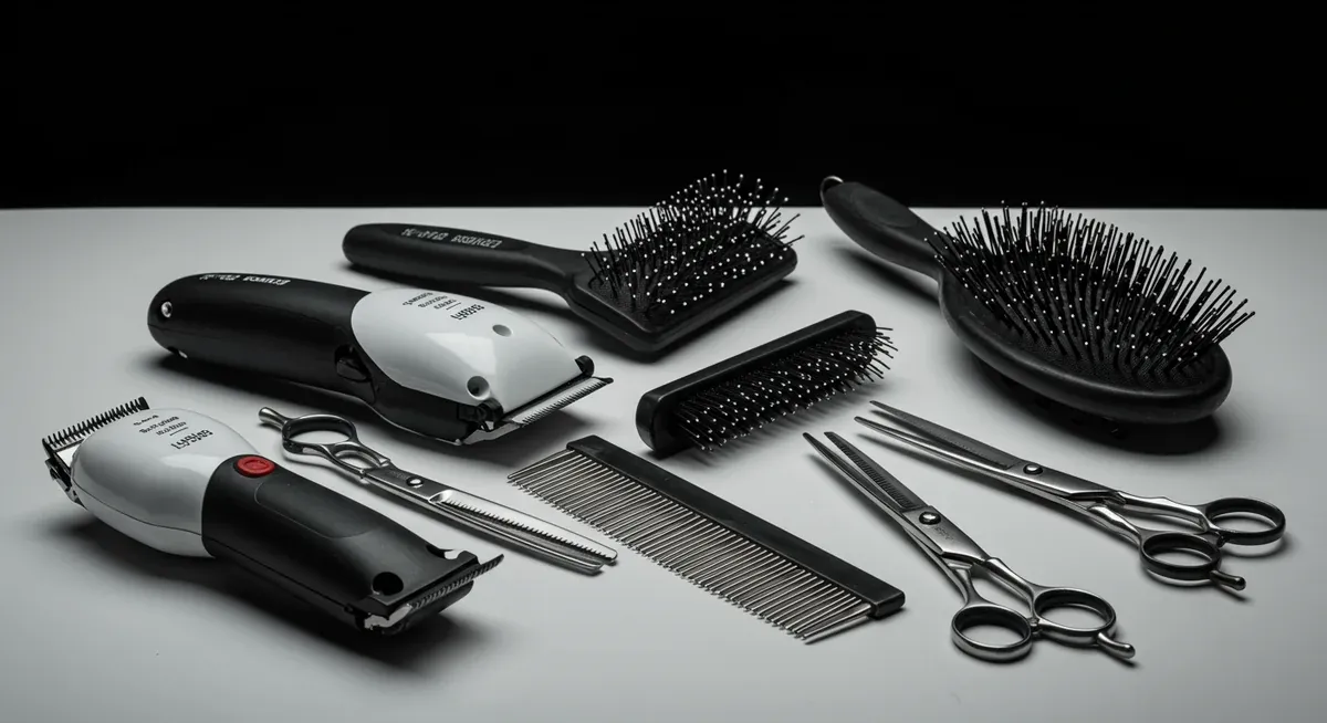 Professional grooming tools specifically needed for Giant Schnauzer care, including clippers, various brushes, combs, and scissors arranged to show their different functions