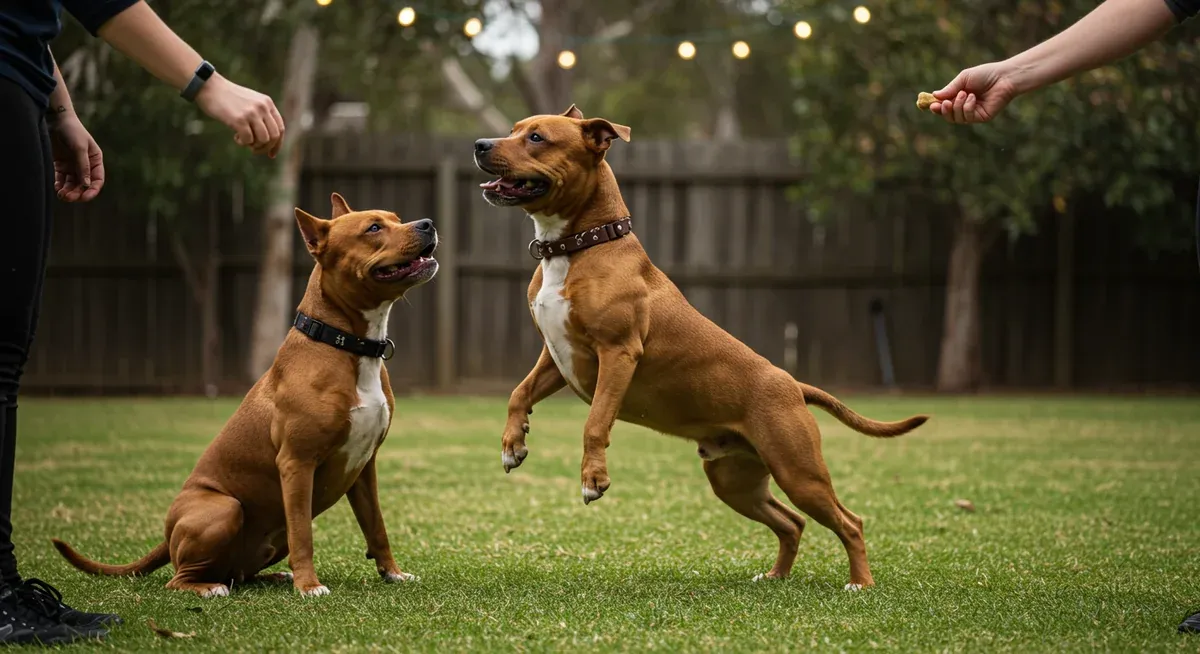 American Staffordshire Terrier demonstrating proper training technique, transitioning from jumping to sitting position with trainer guidance