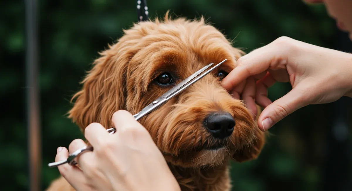 Close-up of a Goldendoodle having facial hair carefully trimmed around the eyes with professional scissors to improve vision