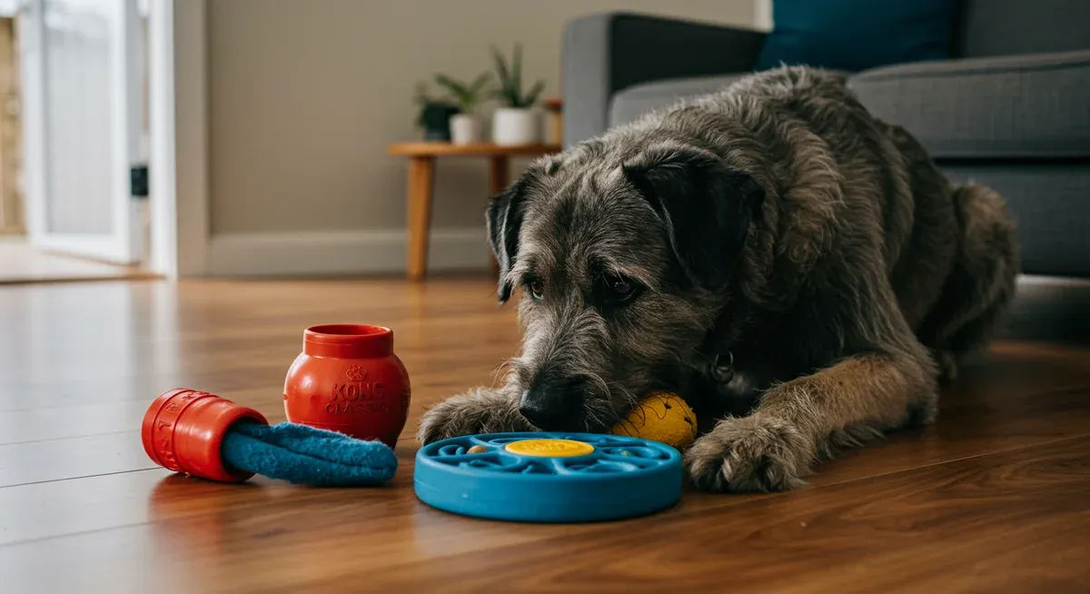 A Bouvier des Flandres working on mental stimulation puzzle toys, demonstrating the interactive activities needed to satisfy their intelligent minds