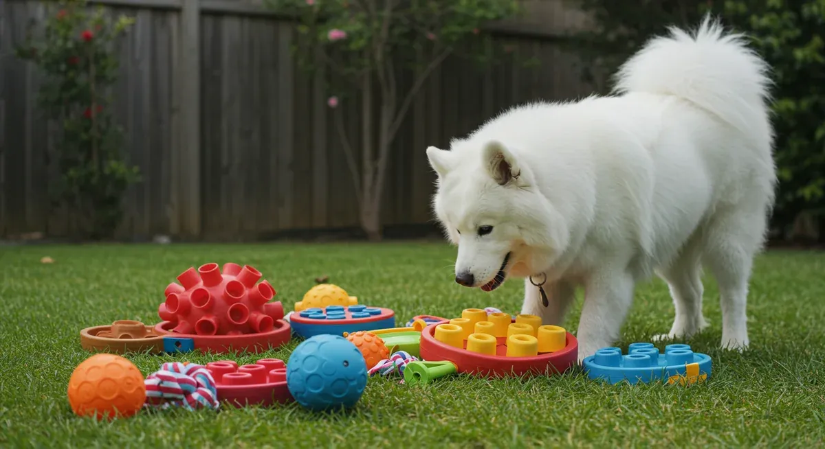 A Samoyed dog actively playing with puzzle toys and interactive feeders on grass, demonstrating mental stimulation activities that help reduce barking behavior