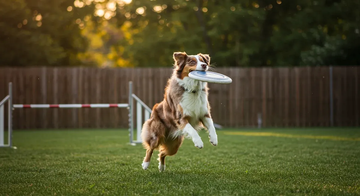 Australian Shepherd jumping to catch a frisbee during vigorous exercise, demonstrating the physical activity needed to reduce excessive barking behavior