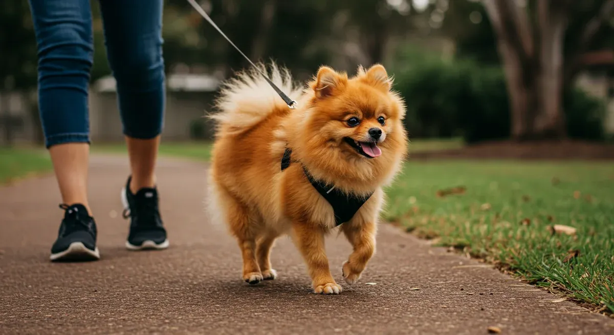A Pomeranian wearing a harness walking on leash during a safe, moderate exercise session, showing proper weight management activities for small dogs