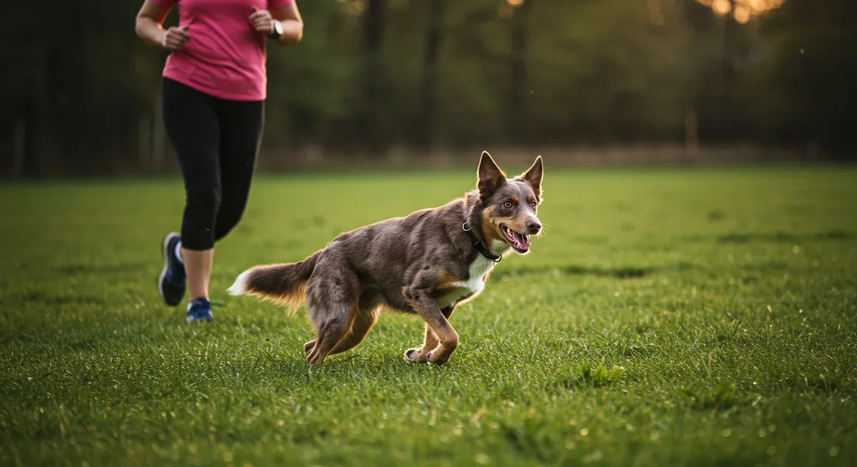 Kelpie puppy running with owner in field, showing the vigorous exercise required before effective training sessions