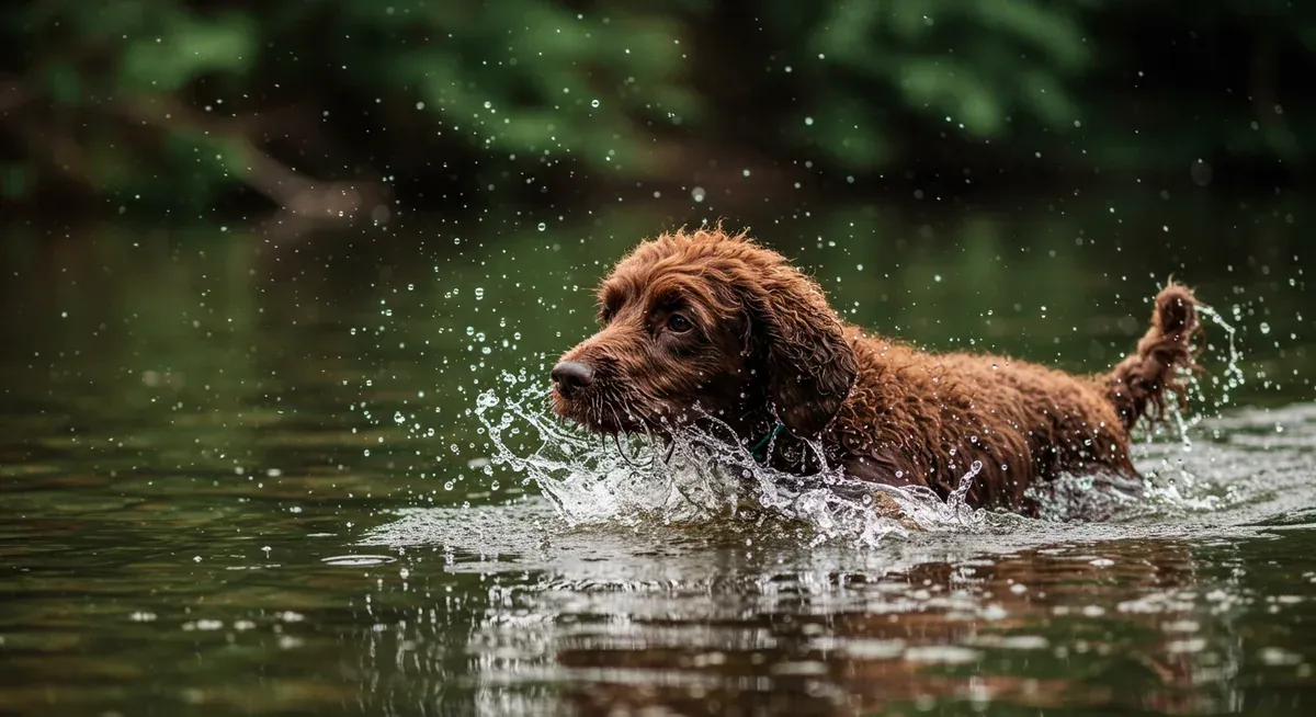 Irish Water Spaniel swimming vigorously in water, demonstrating the breed's natural swimming ability and high exercise requirements