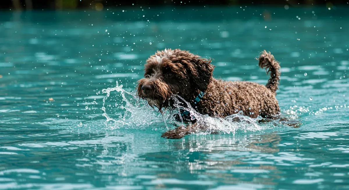 Portuguese Water Dog swimming vigorously through water, demonstrating the breed's natural swimming ability and exercise needs for longevity