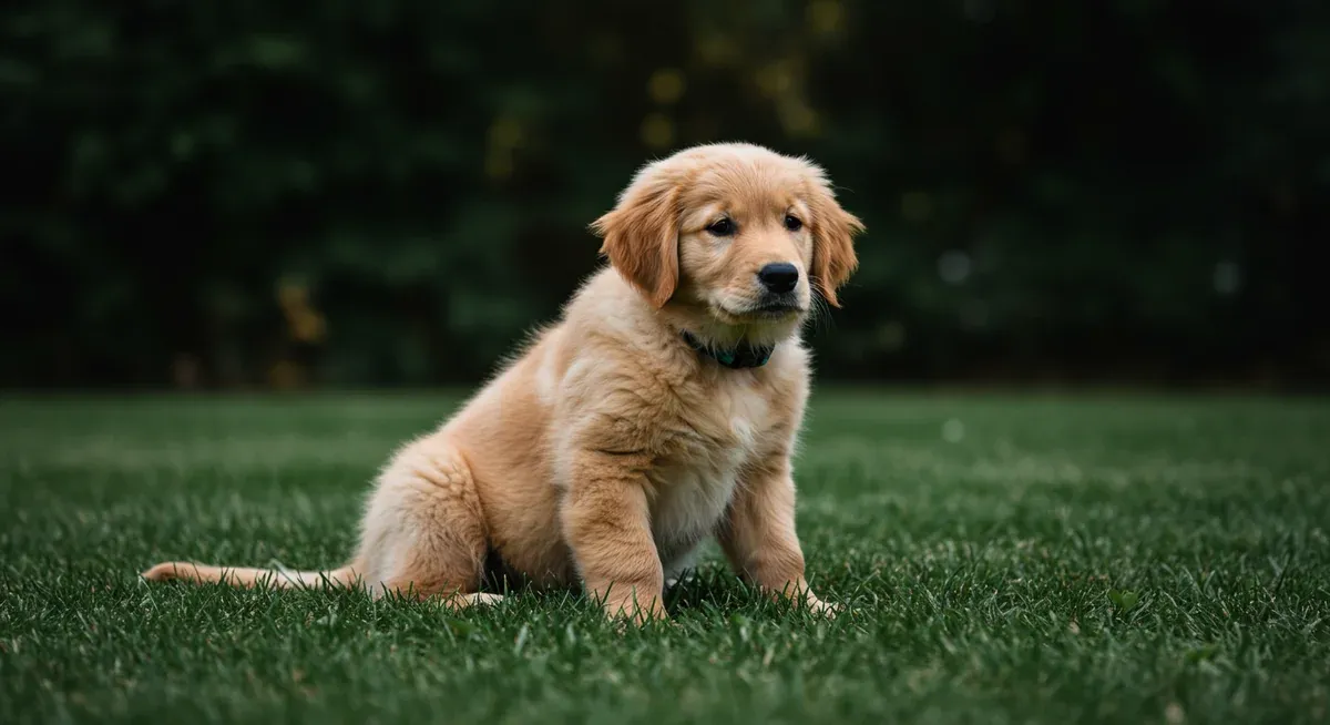 Young Golden Retriever puppy resting on grass, illustrating the limited exercise needs and developing joints of puppies under 12 months