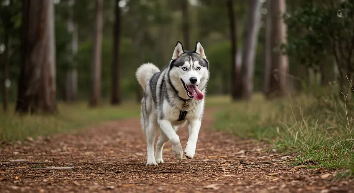 Siberian Husky running at full speed outdoors, demonstrating the breed's high exercise requirements and athletic nature