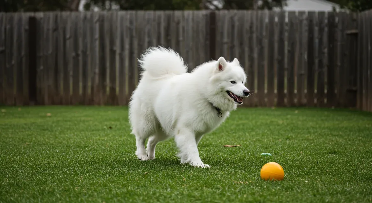 An energetic Samoyed dog running in a fenced yard, demonstrating the breed's high exercise requirements and need for active engagement