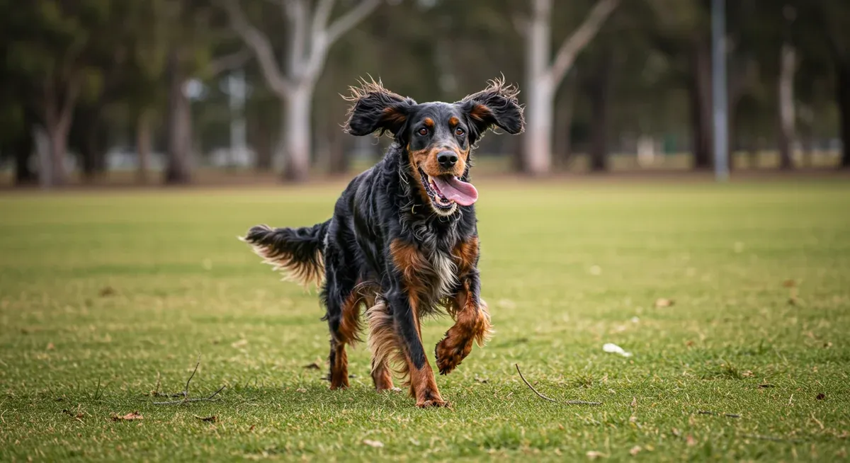 A Gordon Setter running energetically across an open field, illustrating their high exercise needs and stamina requirements beyond simple daily walks