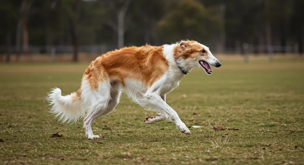 Borzoi running at high speed across a field, demonstrating the vigorous exercise needs that contrast with their calm indoor demeanor