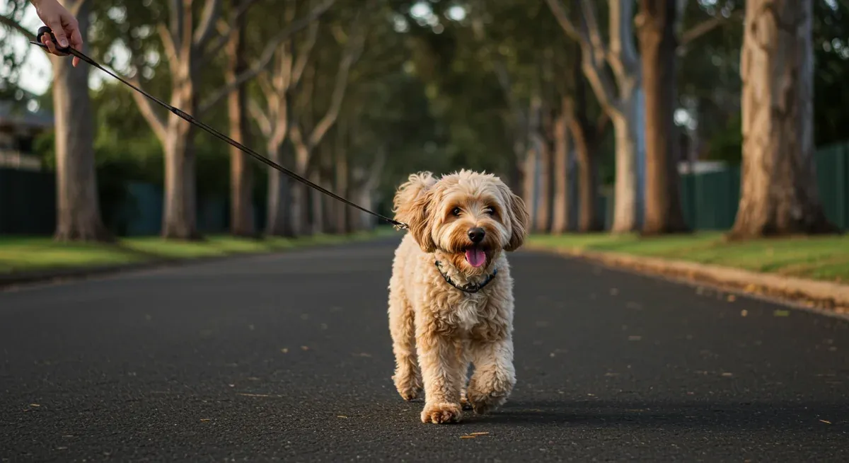 A Moodle dog on a leisurely walk with owner on a suburban street, illustrating the breed's moderate daily exercise requirements of 20-30 minutes