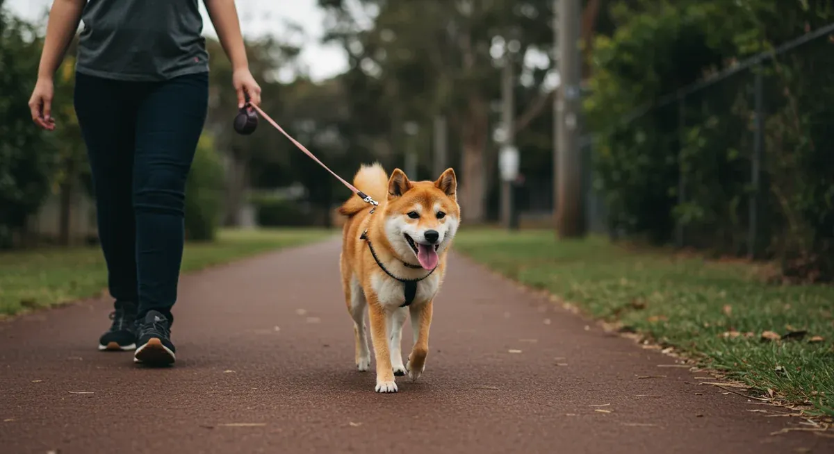 A Shiba Inu on a controlled walk demonstrating the type of low-impact exercise recommended for joint health and hip dysplasia prevention