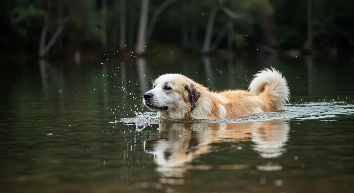A Great Pyrenees dog swimming in a lake, demonstrating the ideal low-impact exercise that supports joint health while building muscle strength