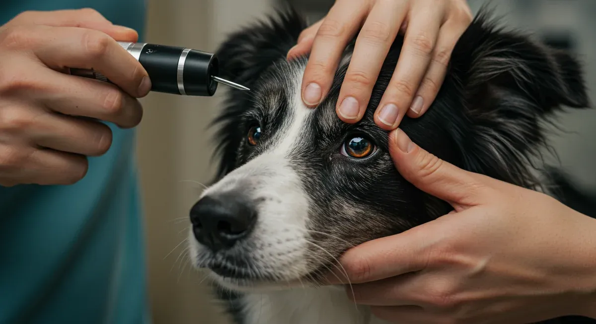 Veterinarian examining a Border Collie's eyes with an ophthalmoscope during a clinical eye examination, demonstrating eye health screening for conditions like Collie Eye Anomaly