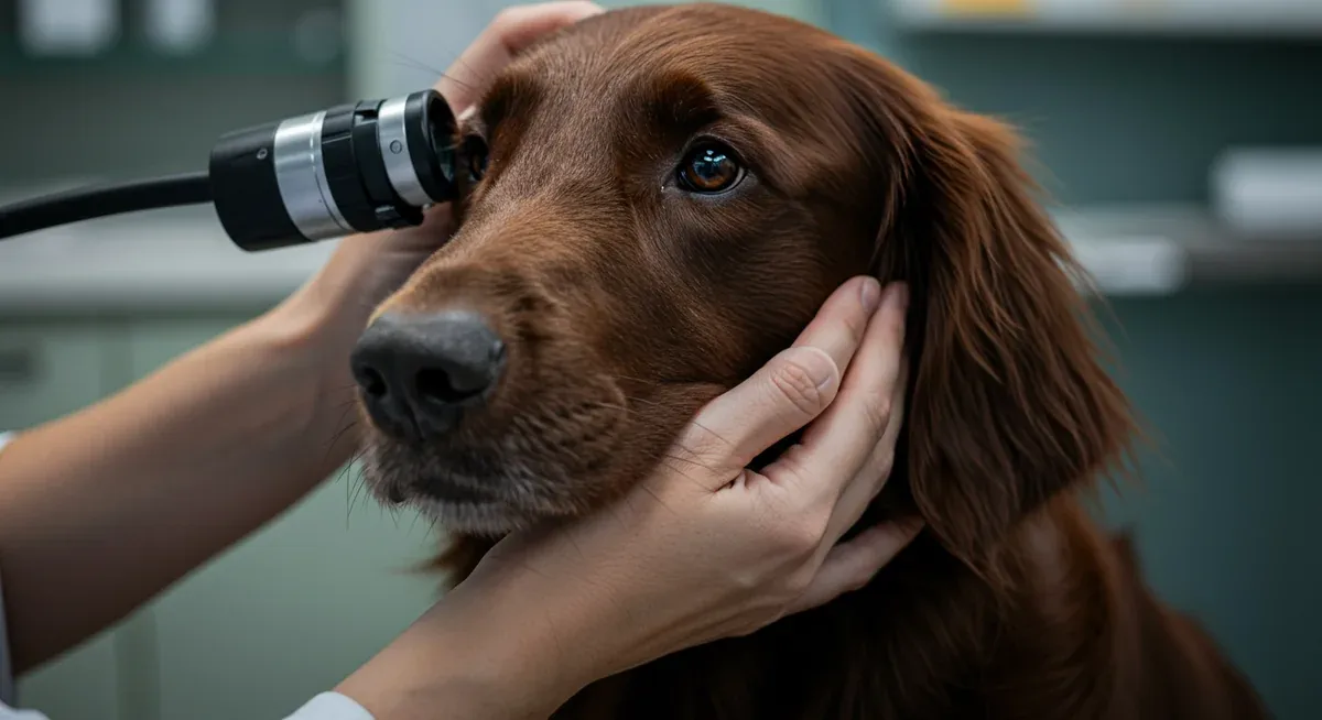 Veterinarian examining a Flat-Coated Retriever's eyes with an ophthalmoscope, illustrating the importance of regular eye health monitoring for hereditary conditions like glaucoma and progressive retinal atrophy