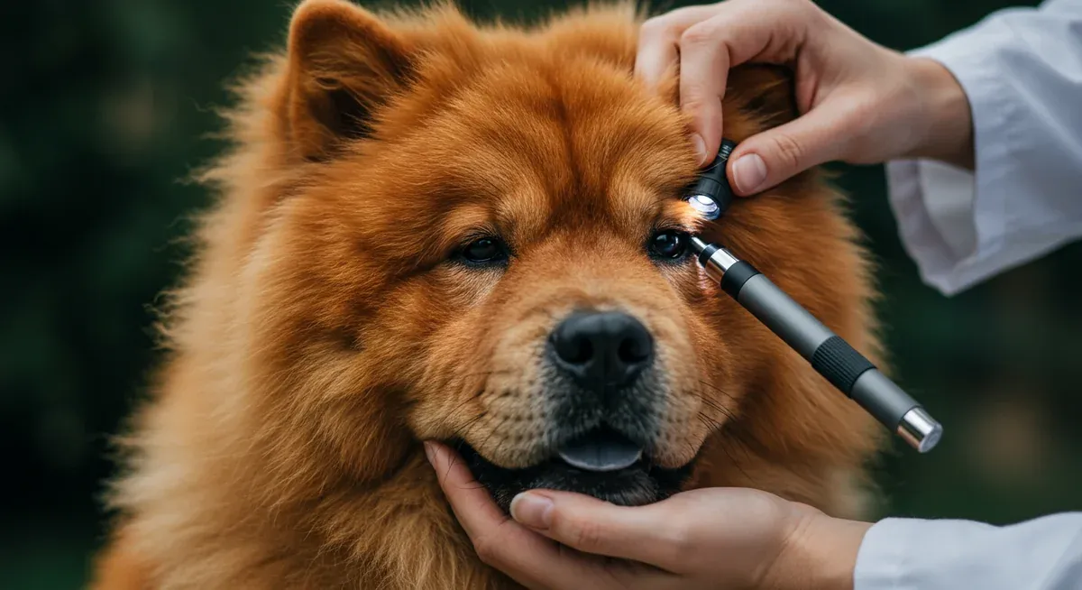A veterinarian examining a Chow Chow's eyes with a penlight, demonstrating the importance of regular eye health checks to detect conditions like entropion early