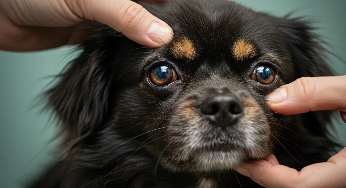 Close-up of a Tibetan Spaniel's eyes during a veterinary ophthalmologic examination, illustrating the importance of regular eye health monitoring for detecting Progressive Retinal Atrophy
