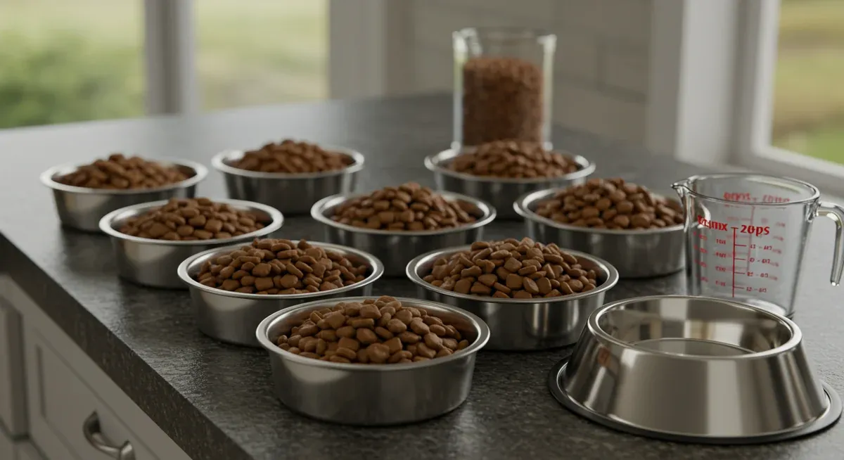 Multiple food bowls showing proper portion sizes of large-breed puppy kibble for feeding schedule management