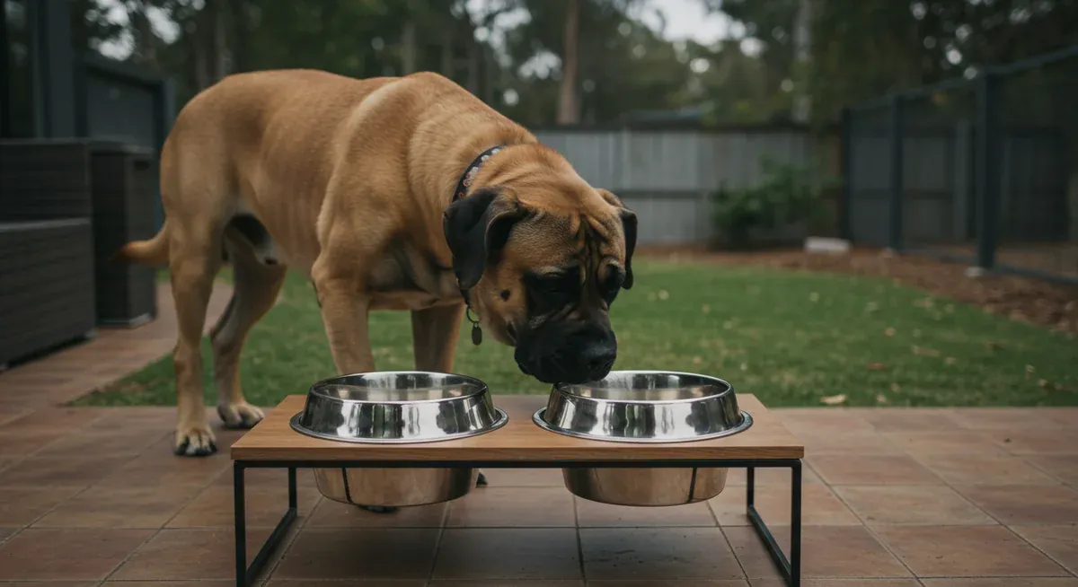Mastiff approaching elevated food bowls demonstrating the two-meal daily feeding schedule recommended to prevent bloat
