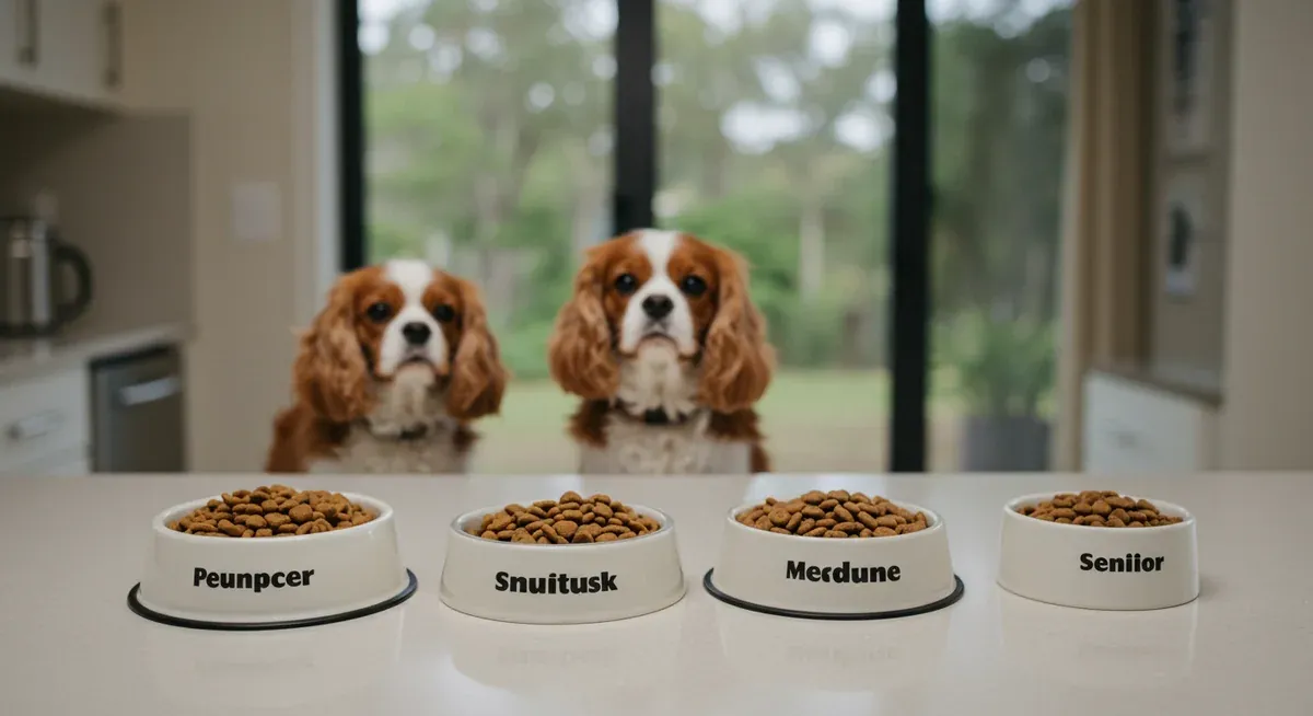 Three different sized food portions representing puppy, adult, and senior feeding schedules for Cavalier King Charles Spaniels