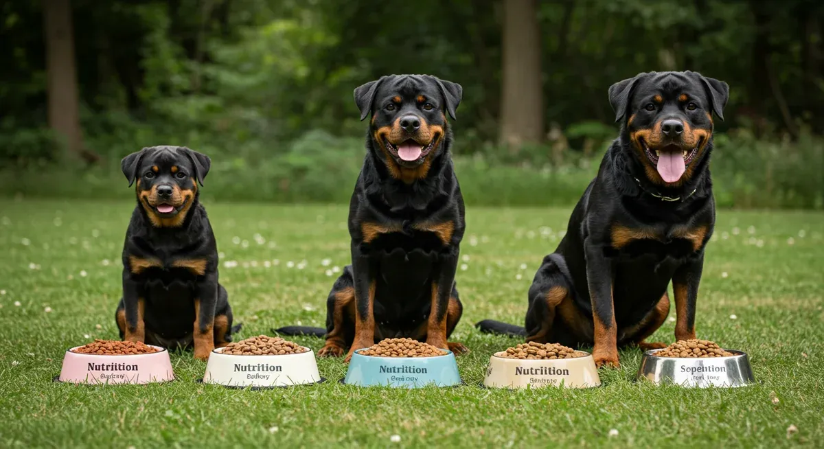 Three Rottweilers of different ages (puppy, adult, and senior) with their respective food bowls showing different feeding requirements throughout their lives
