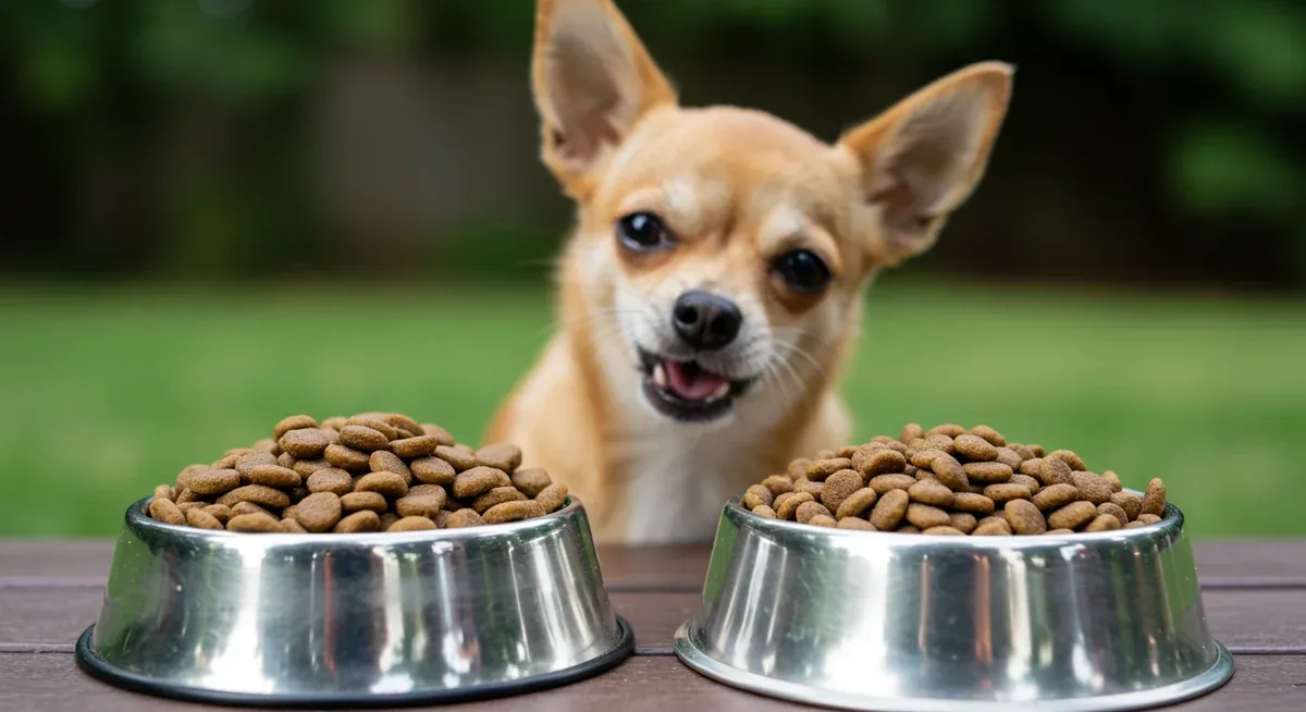Comparison of large dog kibble versus small-breed kibble with a Chihuahua showing the importance of appropriate kibble size for tiny mouths