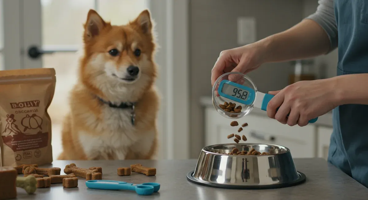 Hands carefully measuring dog food portions with measuring tools while an American Eskimo waits nearby, demonstrating proper portion control techniques