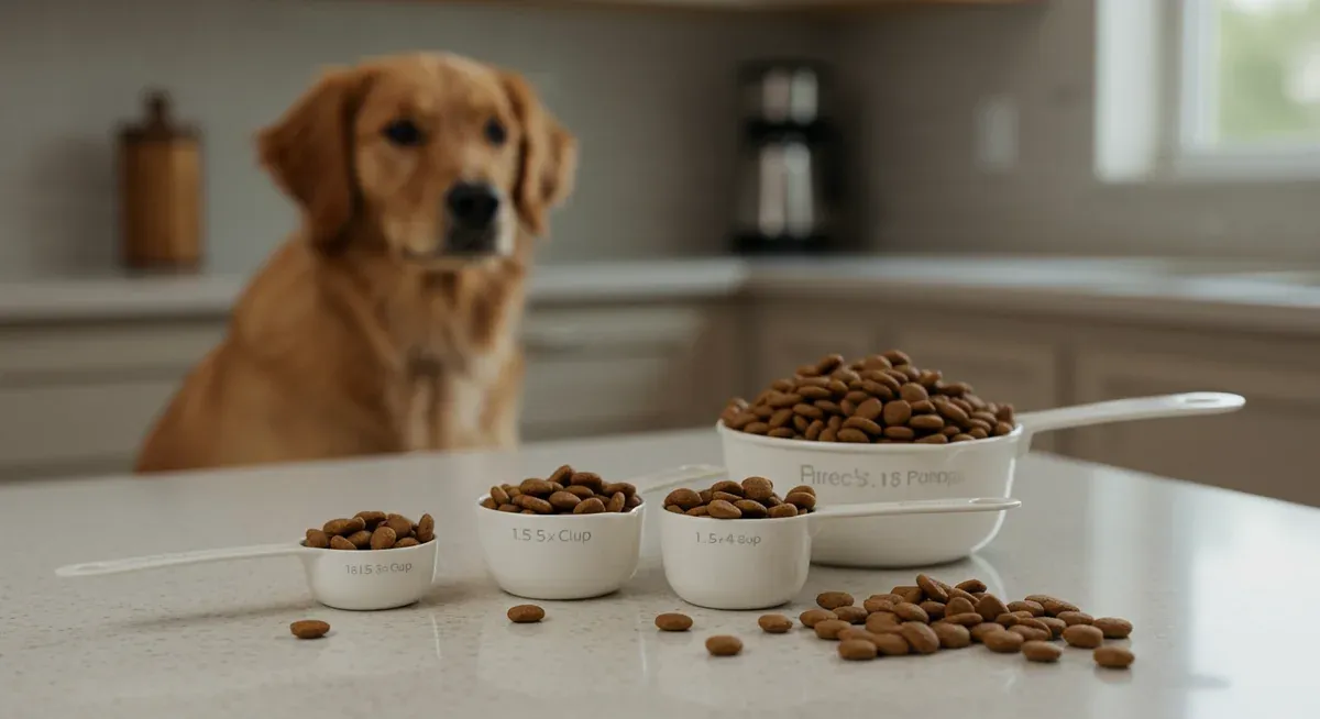 Various measuring cup sizes with puppy food showing portion progression from 2 months to 6 months for Golden Retriever puppies