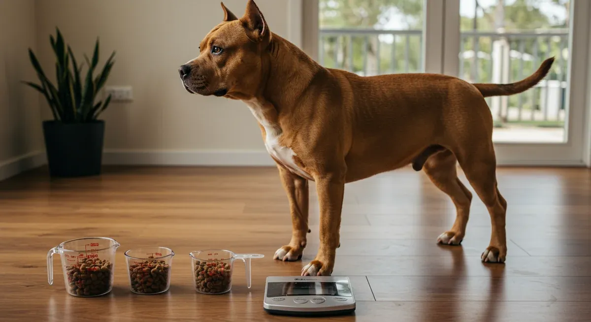 American Bully dog in ideal body condition standing next to measuring cups and scale showing proper portion sizes for the breed