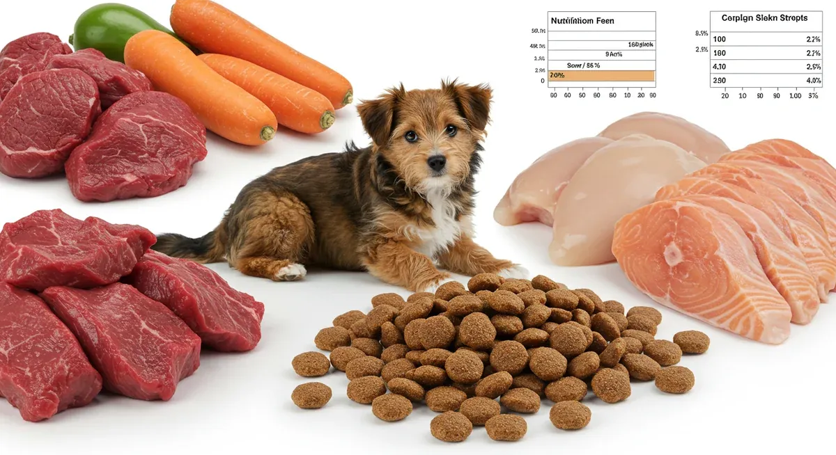 Premium dog food kibble displayed alongside fresh meat and fish ingredients, showing the balance between commercial and natural protein sources for Great Danes