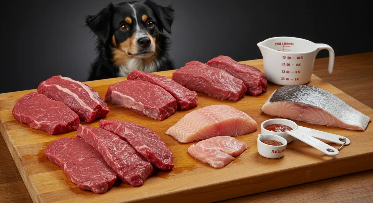 Various protein sources including beef, fish, and lamb displayed with measuring tools, illustrating proper protein selection for Bouvier des Flandres dietary needs