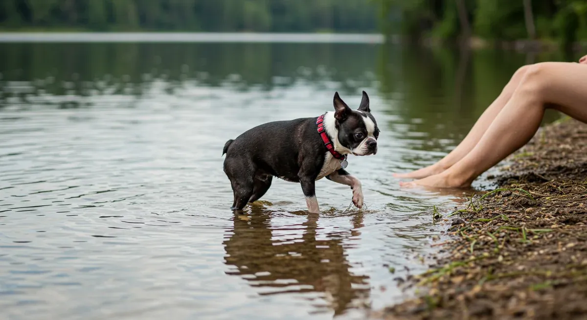 Boston Terrier carefully entering shallow water with owner present, showing gradual water introduction technique