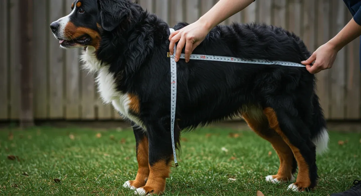 Hands measuring a Bernese Mountain Dog's girth with a measuring tape, demonstrating proper measurement technique for harness fitting