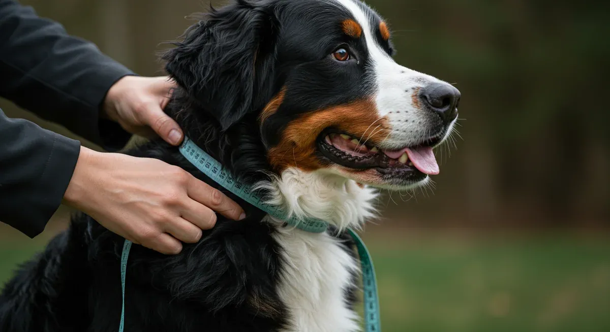 Proper neck measurement technique being demonstrated on a Bernese Mountain Dog, showing correct tape placement and spacing for collar fitting