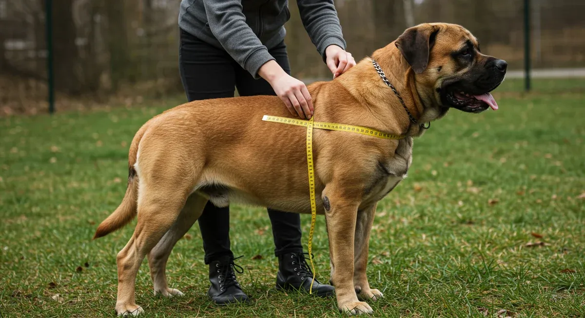 Person measuring a Mastiff's chest girth with a soft measuring tape, showing the correct placement behind the front legs for harness sizing