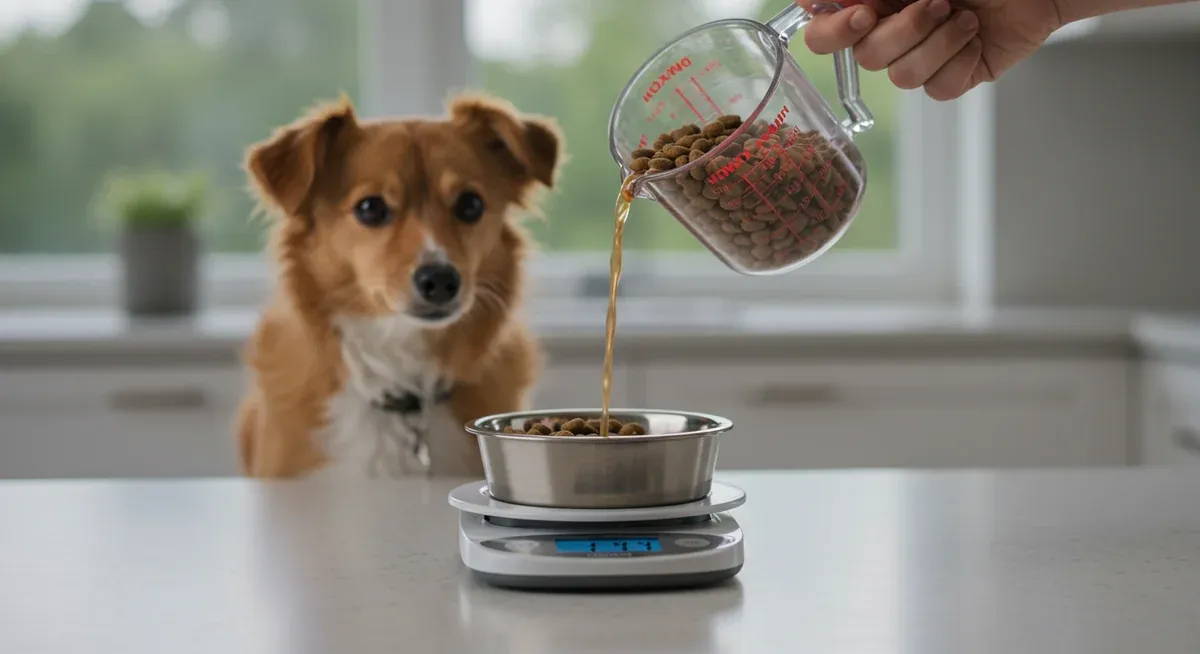 Measuring cup pouring kibble into a dog bowl next to a kitchen scale, demonstrating proper portion control for small breed dogs