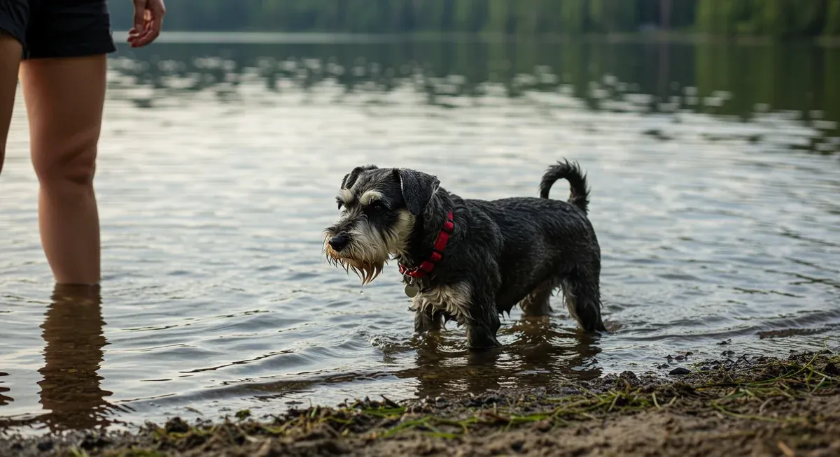 Mini Schnauzer carefully entering shallow lake water with owner nearby, showing proper gradual water introduction technique
